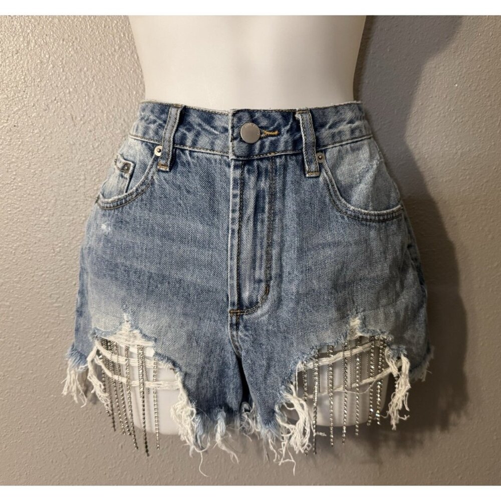 Blue Revival Embellished Denim Jean Shorts Womens 25 Rhinestone Chains $129